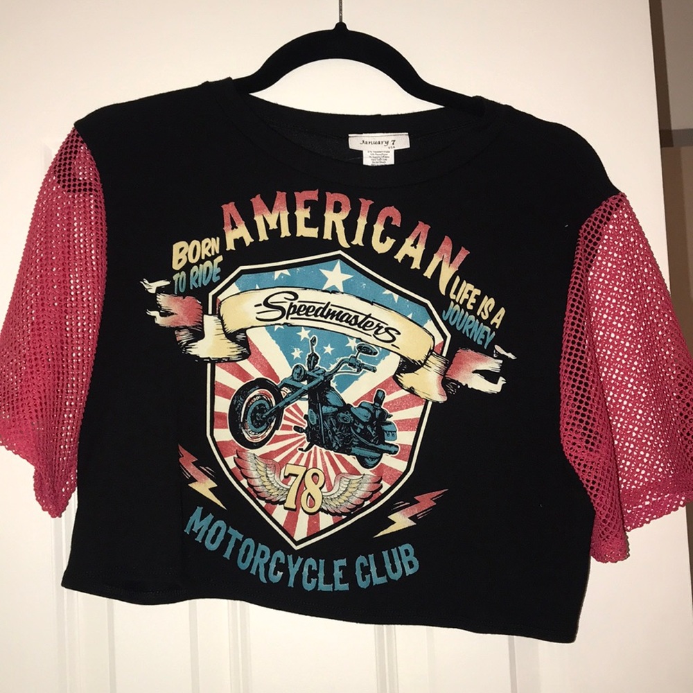 Mystique boutique mesh sleeve crop biker shirt